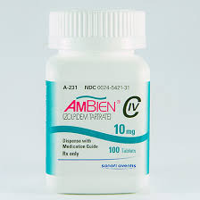 Ambien (Zolpidem) 10mg tablets, used for the short-term treatment of insomnia.